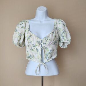 Forever 21 Floral Puff Sleeve Tie-Front Crop Top, Small